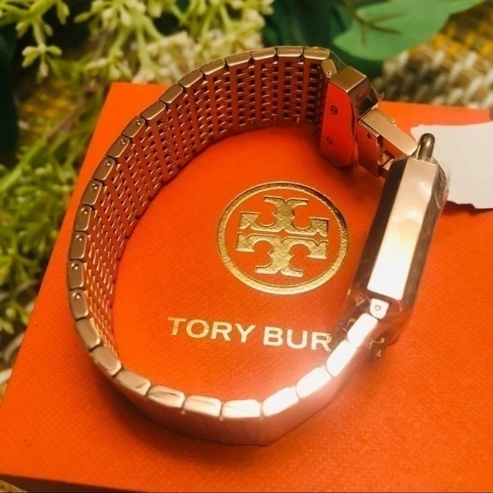 Tory Burch Rose Gold Padlock Mesh Bracelet Watch Quartz NWT